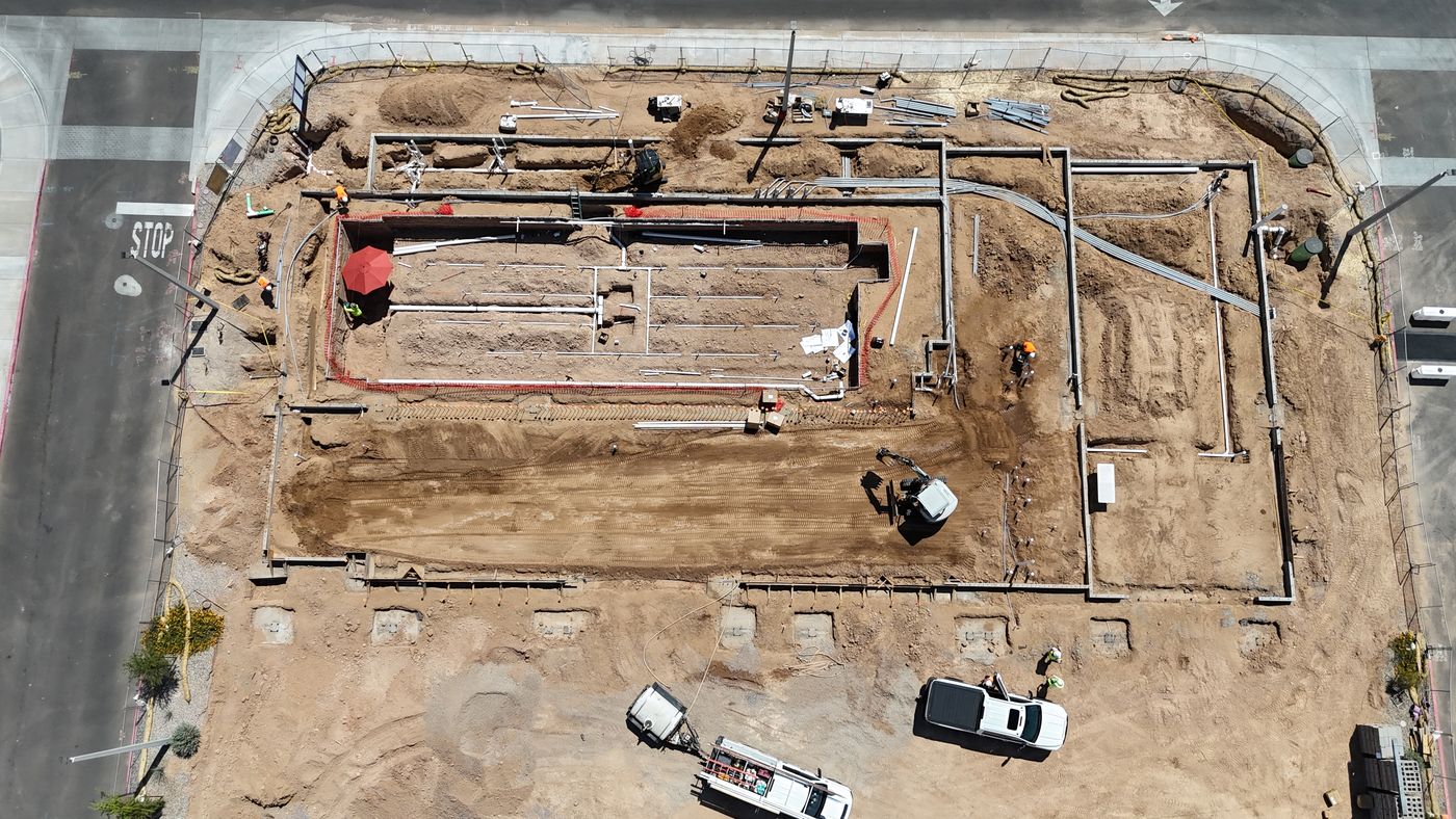 Aerial view of the pool during the plumbing phase