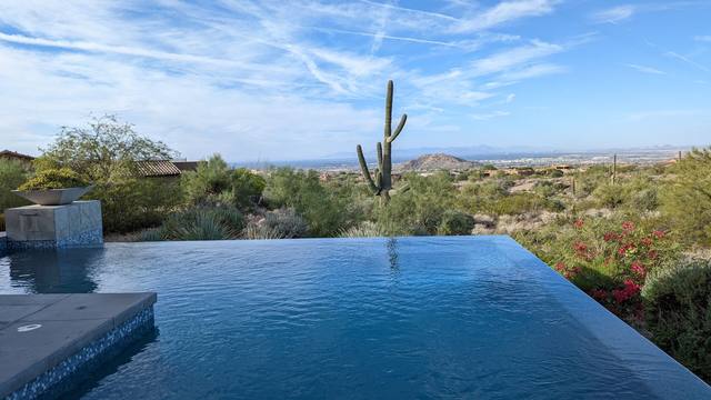 Infinity-edge pool and spa overlooking the desert with a saguaro on the hillside